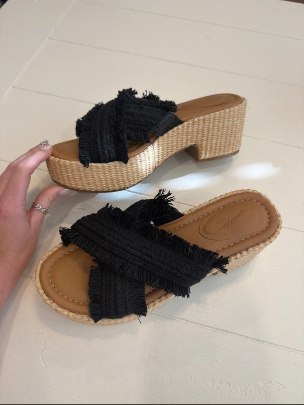 Black Frayed Cross-Strap Woven Platform Sandal